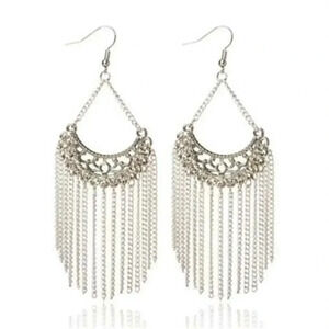 Austrian Crystal Long Earrings with Silver Chain Accents Clear